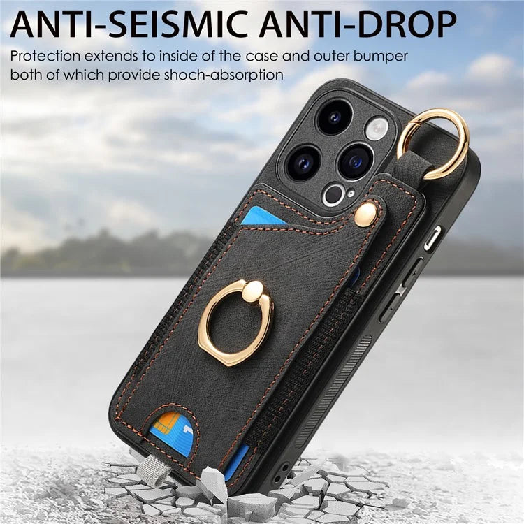 D6 For iPhone 15 Pro Max Case Leather Kickstand Phone Protective Shell Retro Card Holder