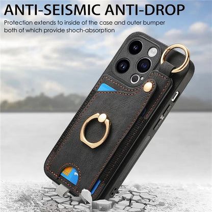 D6 For iPhone 15 Pro Max Case Leather Kickstand Phone Protective Shell Retro Card Holder