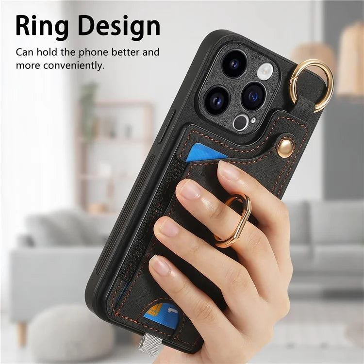 D6 For iPhone 15 Pro Max Case Leather Kickstand Phone Protective Shell Retro Card Holder