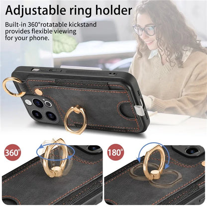 D6 For iPhone 15 Pro Max Case Leather Kickstand Phone Protective Shell Retro Card Holder
