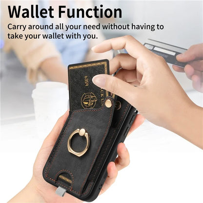 D6 For iPhone 15 Pro Max Case Leather Kickstand Phone Protective Shell Retro Card Holder