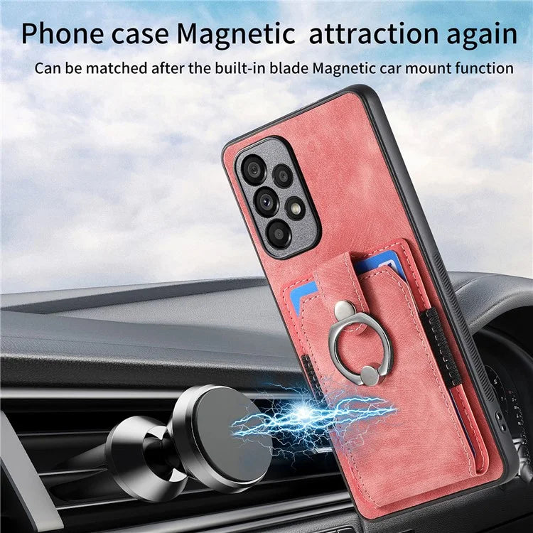 D2 For Samsung Galaxy A53 5G Card Slots Retro PU Leather+TPU Phone Cover with Ring Kickstand