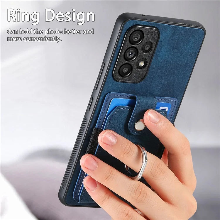 D2 For Samsung Galaxy A53 5G Card Slots Retro PU Leather+TPU Phone Cover with Ring Kickstand