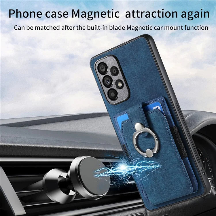D2 For Samsung Galaxy A53 5G Card Slots Retro PU Leather+TPU Phone Cover with Ring Kickstand
