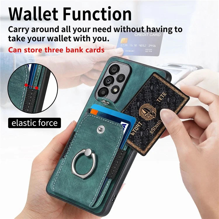 D2 For Samsung Galaxy A53 5G Card Slots Retro PU Leather+TPU Phone Cover with Ring Kickstand