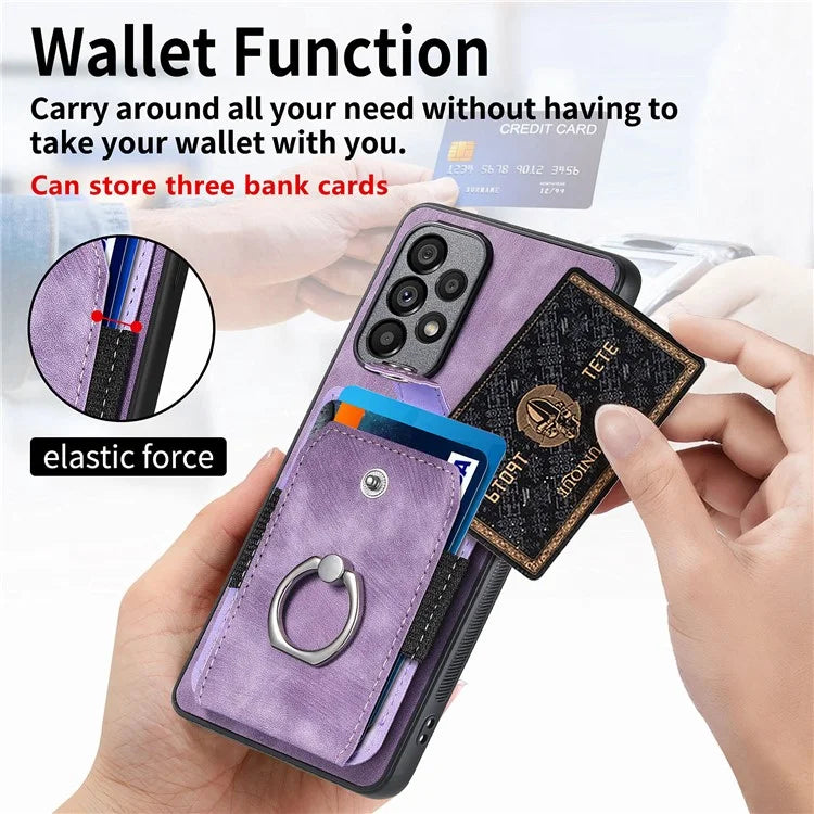 D2 For Samsung Galaxy A53 5G Card Slots Retro PU Leather+TPU Phone Cover with Ring Kickstand