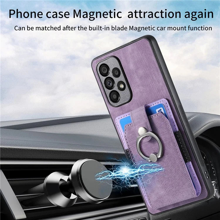 D2 For Samsung Galaxy A53 5G Card Slots Retro PU Leather+TPU Phone Cover with Ring Kickstand