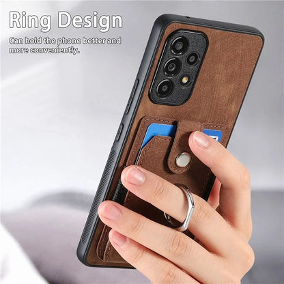 D2 For Samsung Galaxy A53 5G Card Slots Retro PU Leather+TPU Phone Cover with Ring Kickstand