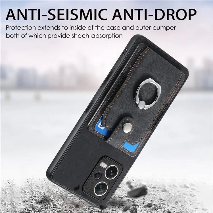 D2 For Xiaomi Redmi Note 12 Pro 5G Case Ring Kickstand Retro Leather+TPU Card Holder Phone Cover