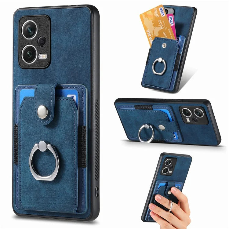 D2 For Xiaomi Redmi Note 12 Pro 5G Case Ring Kickstand Retro Leather+TPU Card Holder Phone Cover