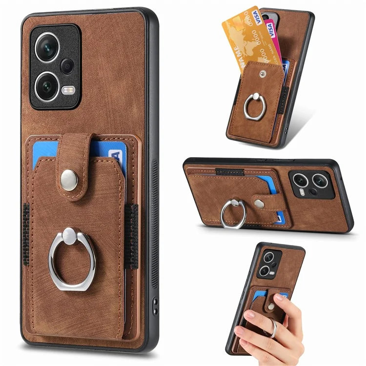 D2 For Xiaomi Redmi Note 12 Pro 5G Case Ring Kickstand Retro Leather+TPU Card Holder Phone Cover