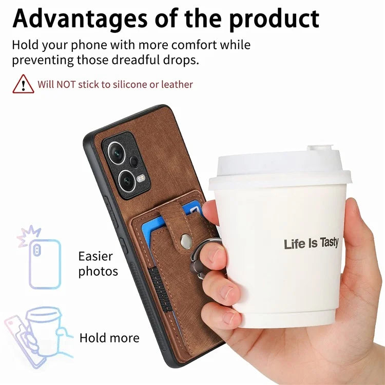 D2 For Xiaomi Redmi Note 12 Pro 5G Case Ring Kickstand Retro Leather+TPU Card Holder Phone Cover