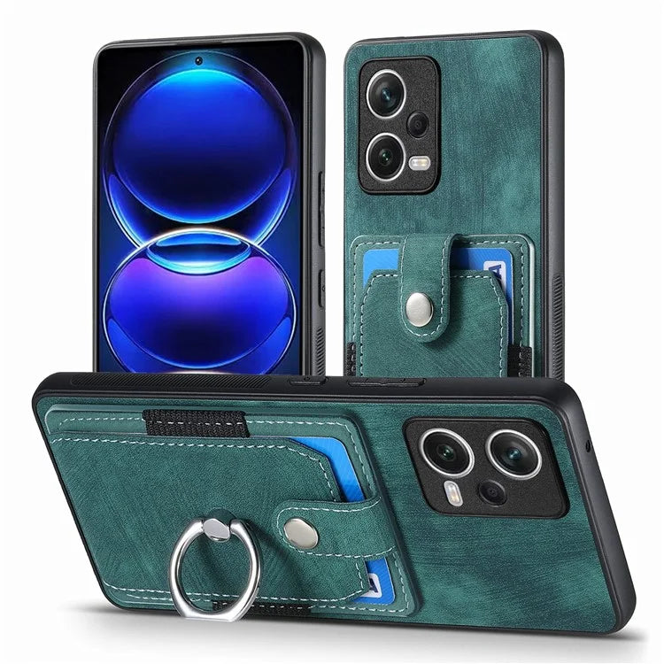D2 For Xiaomi Redmi Note 12 Pro 5G Case Ring Kickstand Retro Leather+TPU Card Holder Phone Cover