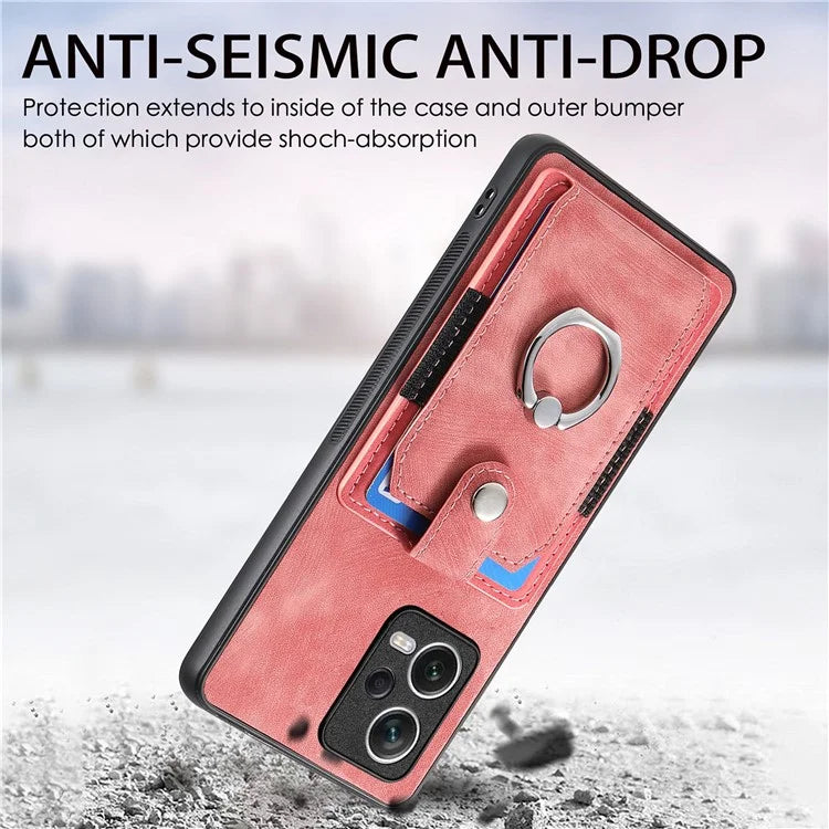 D2 For Xiaomi Redmi Note 12 Pro 5G Case Ring Kickstand Retro Leather+TPU Card Holder Phone Cover