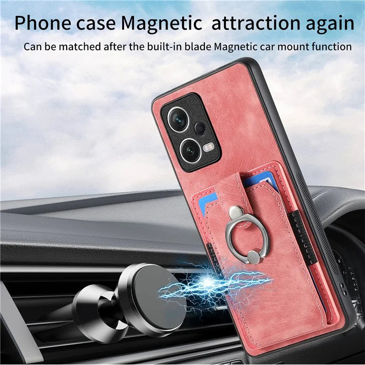D2 For Xiaomi Redmi Note 12 Pro 5G Case Ring Kickstand Retro Leather+TPU Card Holder Phone Cover