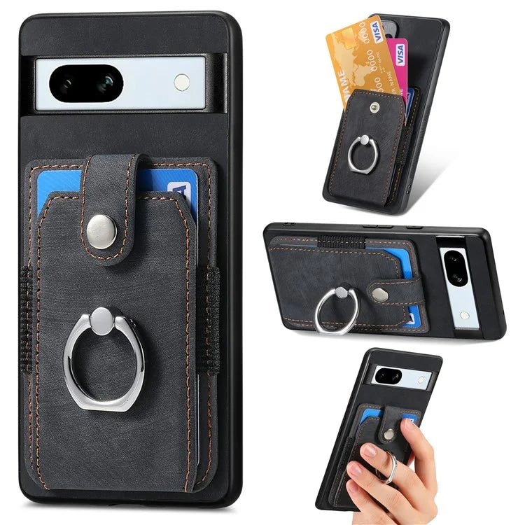D2 For Google Pixel 7a Case with Card Holder Ring Kickstand Leather Coated TPU Phone Cover