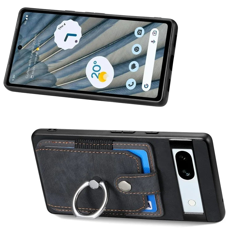 D2 For Google Pixel 7a Case with Card Holder Ring Kickstand Leather Coated TPU Phone Cover