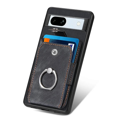 D2 For Google Pixel 7a Case with Card Holder Ring Kickstand Leather Coated TPU Phone Cover