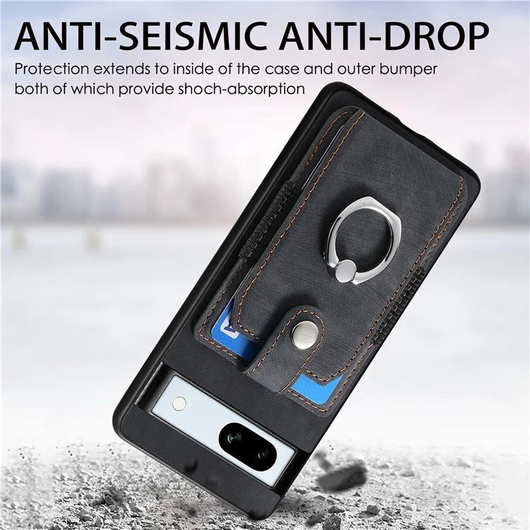 D2 For Google Pixel 7a Case with Card Holder Ring Kickstand Leather Coated TPU Phone Cover