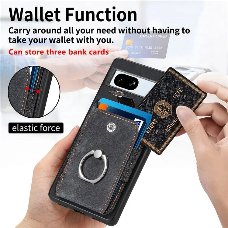 D2 For Google Pixel 7a Case with Card Holder Ring Kickstand Leather Coated TPU Phone Cover