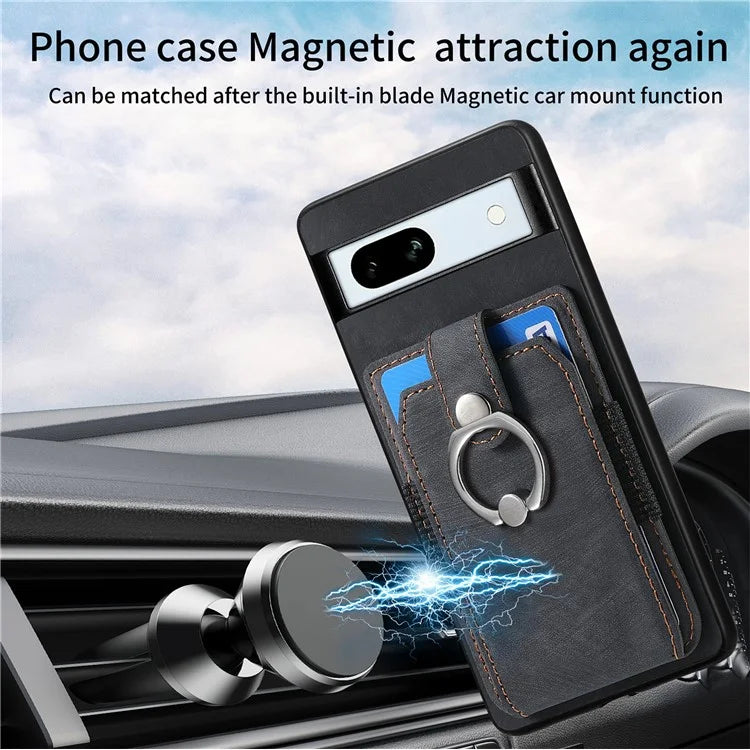 D2 For Google Pixel 7a Case with Card Holder Ring Kickstand Leather Coated TPU Phone Cover