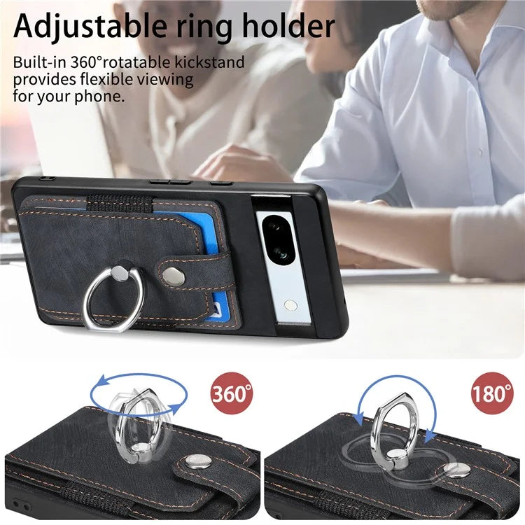 D2 For Google Pixel 7a Case with Card Holder Ring Kickstand Leather Coated TPU Phone Cover