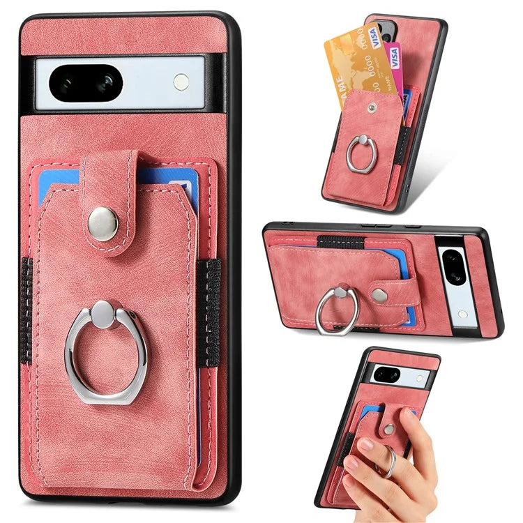 D2 For Google Pixel 7a Case with Card Holder Ring Kickstand Leather Coated TPU Phone Cover