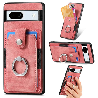 D2 For Google Pixel 7a Case with Card Holder Ring Kickstand Leather Coated TPU Phone Cover