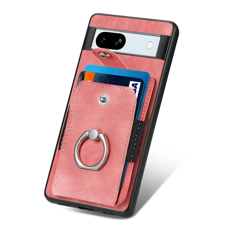 D2 For Google Pixel 7a Case with Card Holder Ring Kickstand Leather Coated TPU Phone Cover