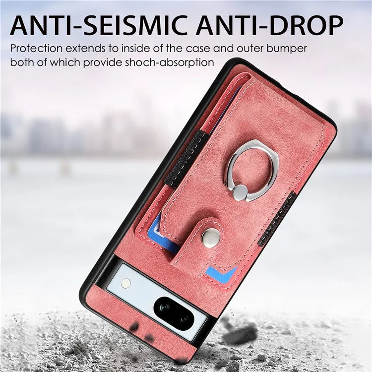 D2 For Google Pixel 7a Case with Card Holder Ring Kickstand Leather Coated TPU Phone Cover
