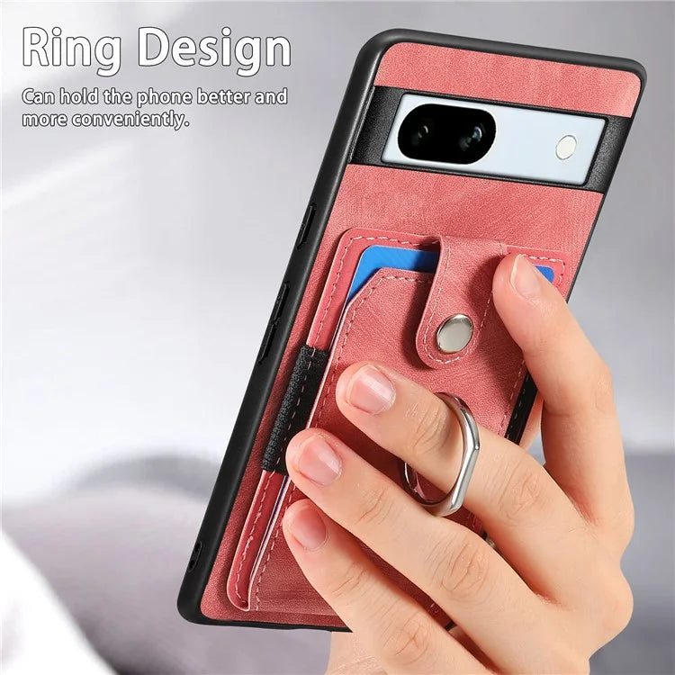D2 For Google Pixel 7a Case with Card Holder Ring Kickstand Leather Coated TPU Phone Cover
