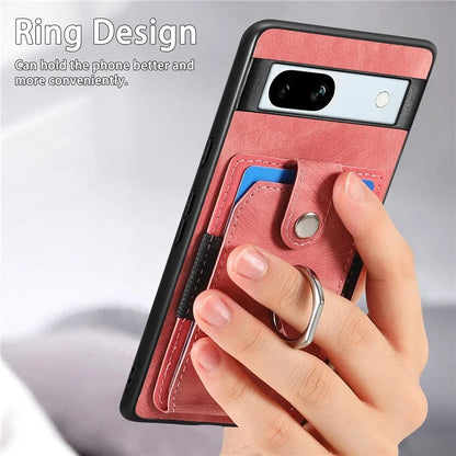D2 For Google Pixel 7a Case with Card Holder Ring Kickstand Leather Coated TPU Phone Cover
