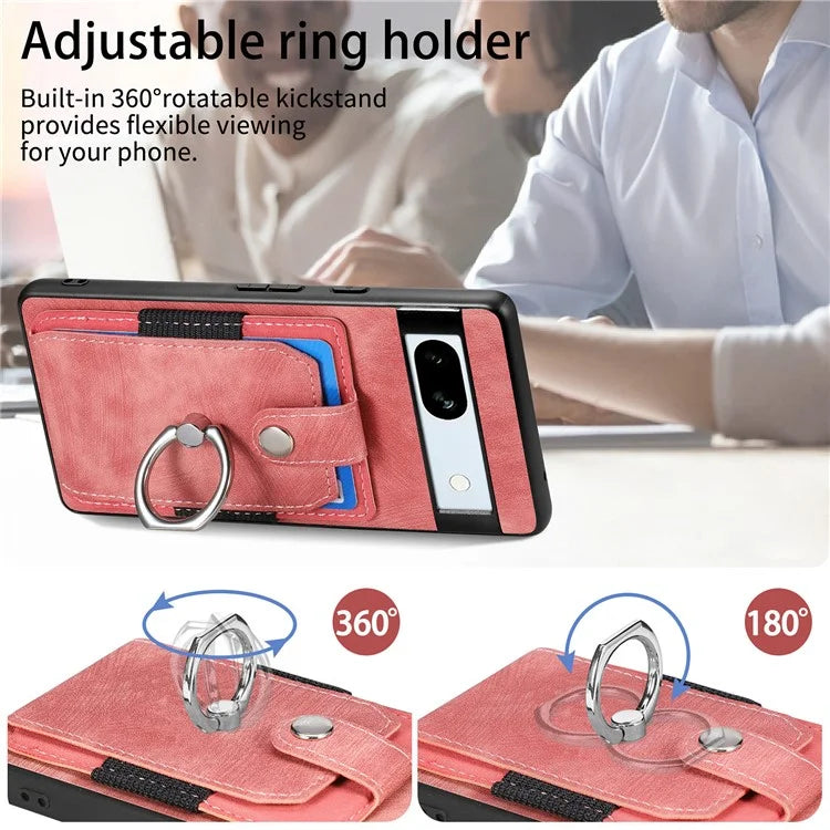 D2 For Google Pixel 7a Case with Card Holder Ring Kickstand Leather Coated TPU Phone Cover