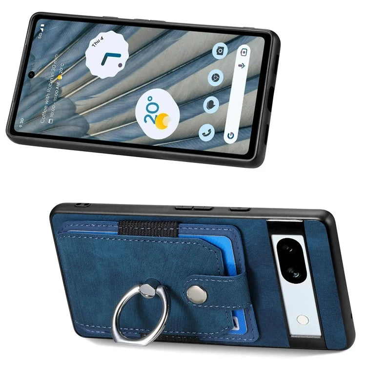 D2 For Google Pixel 7a Case with Card Holder Ring Kickstand Leather Coated TPU Phone Cover