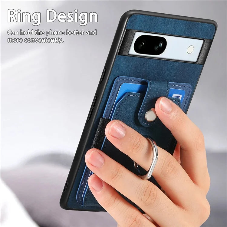 D2 For Google Pixel 7a Case with Card Holder Ring Kickstand Leather Coated TPU Phone Cover