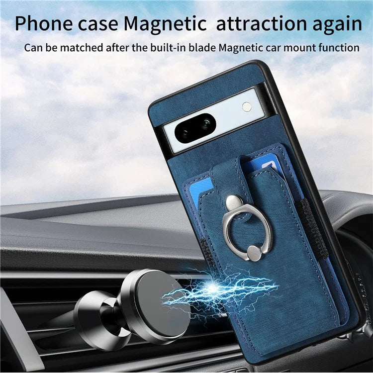 D2 For Google Pixel 7a Case with Card Holder Ring Kickstand Leather Coated TPU Phone Cover