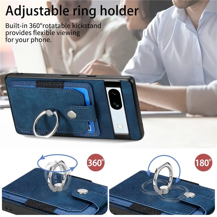 D2 For Google Pixel 7a Case with Card Holder Ring Kickstand Leather Coated TPU Phone Cover