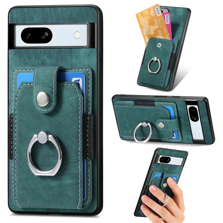 D2 For Google Pixel 7a Case with Card Holder Ring Kickstand Leather Coated TPU Phone Cover