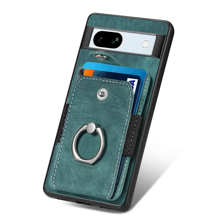 D2 For Google Pixel 7a Case with Card Holder Ring Kickstand Leather Coated TPU Phone Cover