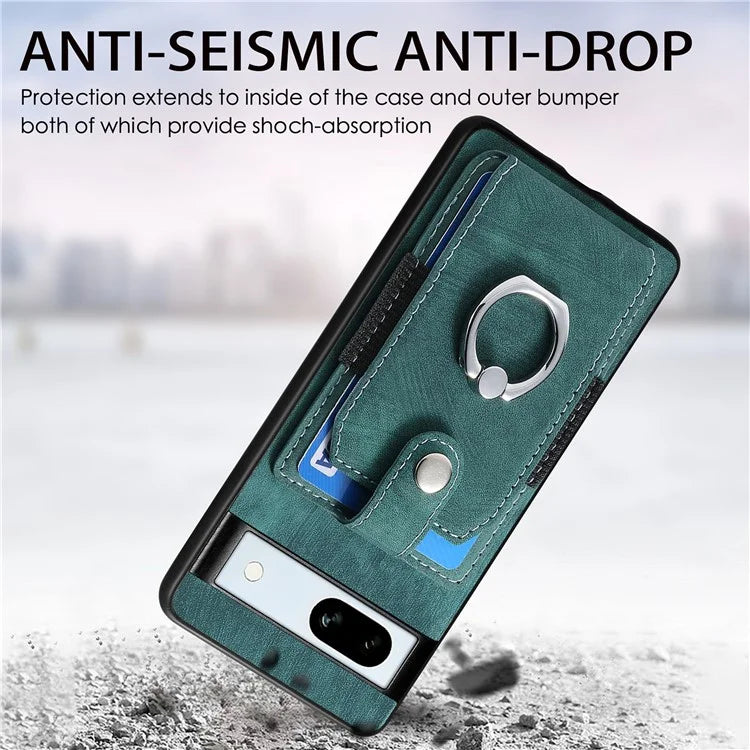 D2 For Google Pixel 7a Case with Card Holder Ring Kickstand Leather Coated TPU Phone Cover