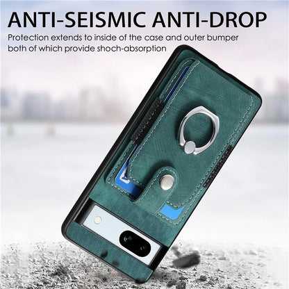 D2 For Google Pixel 7a Case with Card Holder Ring Kickstand Leather Coated TPU Phone Cover