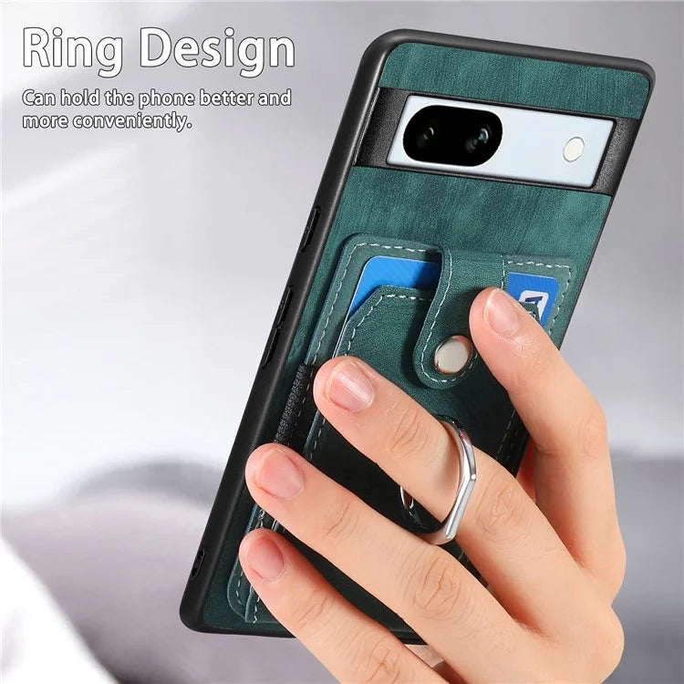 D2 For Google Pixel 7a Case with Card Holder Ring Kickstand Leather Coated TPU Phone Cover