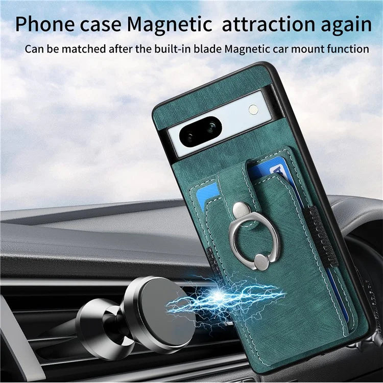D2 For Google Pixel 7a Case with Card Holder Ring Kickstand Leather Coated TPU Phone Cover