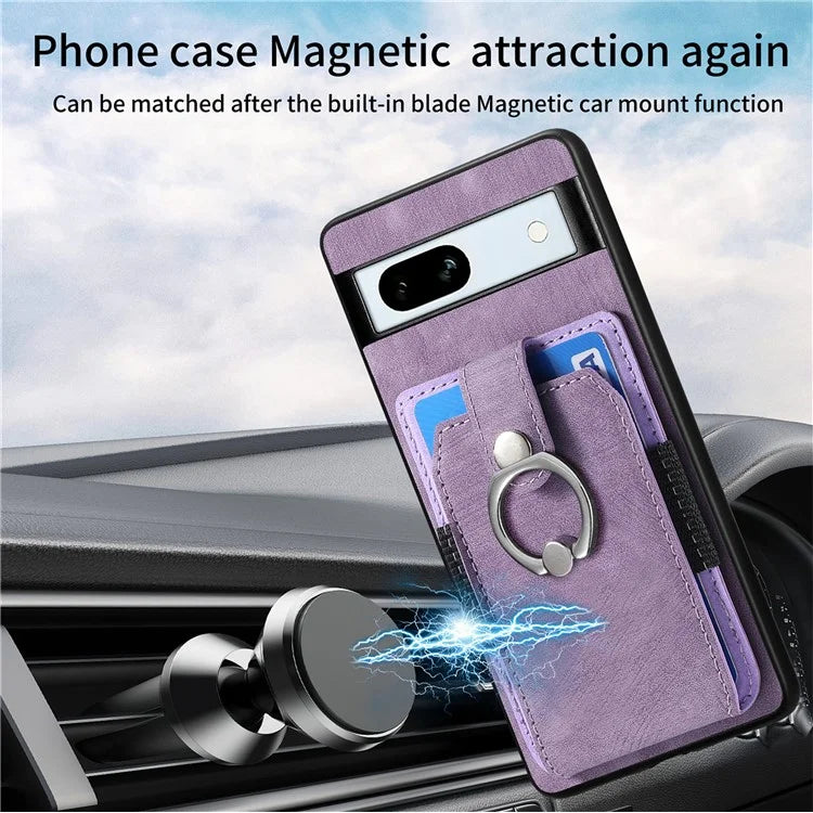 D2 For Google Pixel 7a Case with Card Holder Ring Kickstand Leather Coated TPU Phone Cover