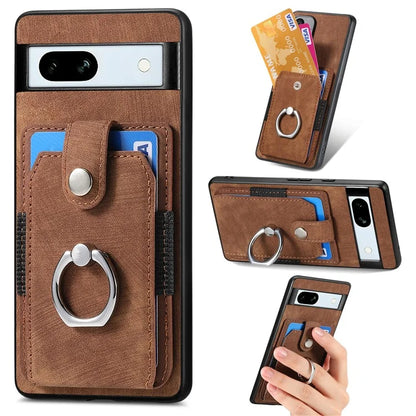 D2 For Google Pixel 7a Case with Card Holder Ring Kickstand Leather Coated TPU Phone Cover