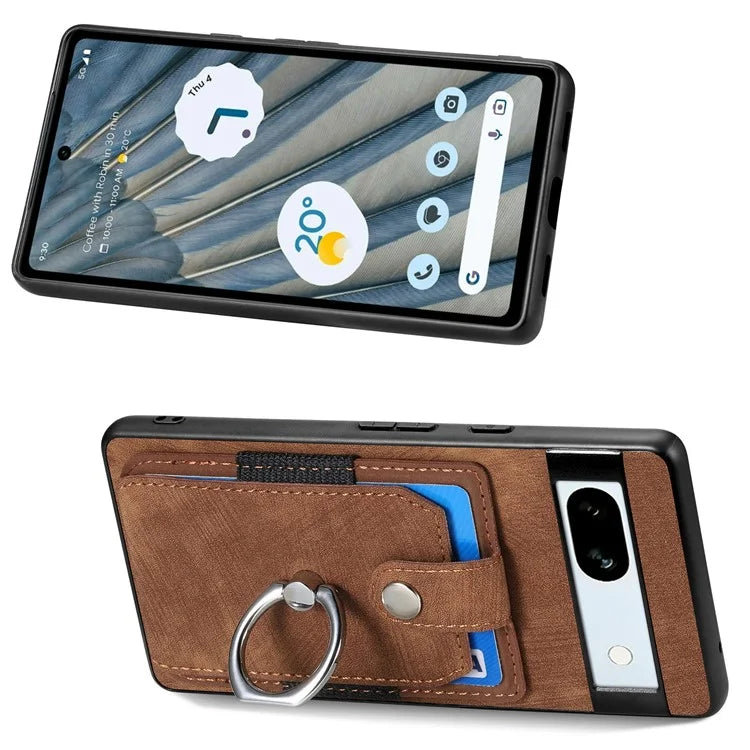 D2 For Google Pixel 7a Case with Card Holder Ring Kickstand Leather Coated TPU Phone Cover