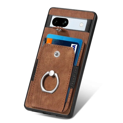D2 For Google Pixel 7a Case with Card Holder Ring Kickstand Leather Coated TPU Phone Cover