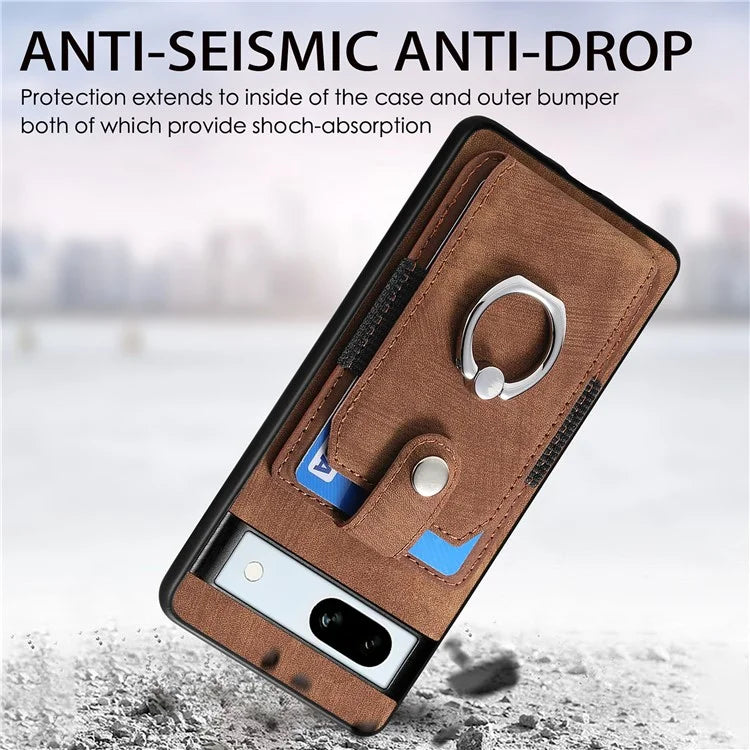 D2 For Google Pixel 7a Case with Card Holder Ring Kickstand Leather Coated TPU Phone Cover