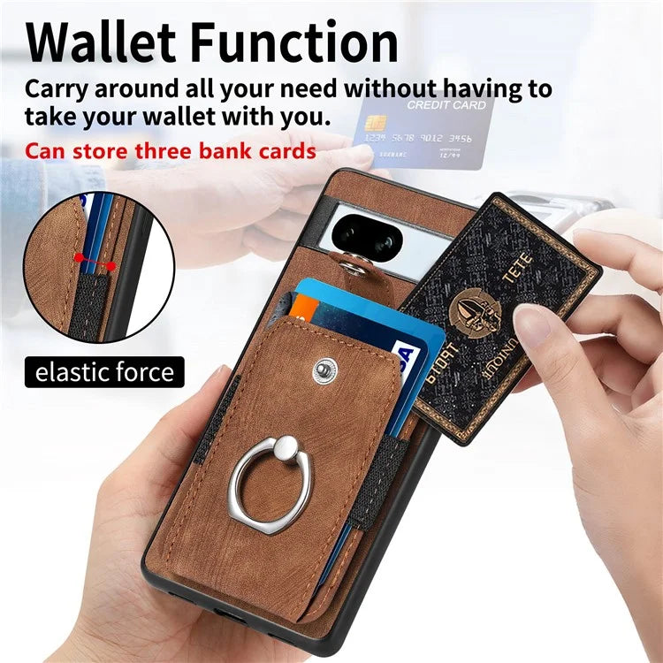 D2 For Google Pixel 7a Case with Card Holder Ring Kickstand Leather Coated TPU Phone Cover