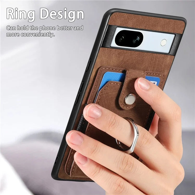 D2 For Google Pixel 7a Case with Card Holder Ring Kickstand Leather Coated TPU Phone Cover
